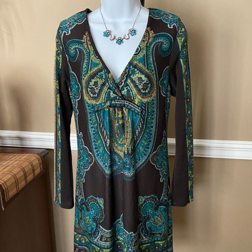 🛍️SNAP Baby doll Style, Long Sleeve Paisley Brown, Blue & Green Dress M